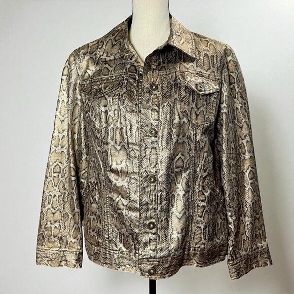 Chico's Womens Large Metallic Gold Bronze Snake Print Trucker Jacket Chico’s 2 - Picture 1 of 13